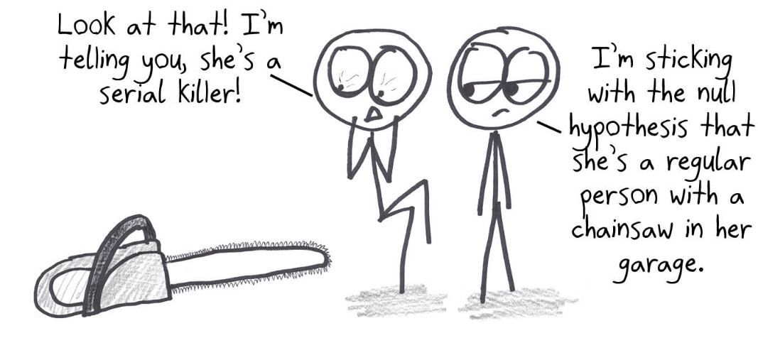 One neighbor is sure the woman with a chainsaw in her garage is a serial killer. The other sticks with the null hypothesis: she's a regular person with a chainsaw.
