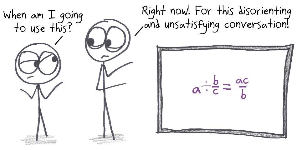 A student asks when they'll ever use dividing by a fraction. The teacher's answer: right now, in this disorienting and unsatisfying conversation.