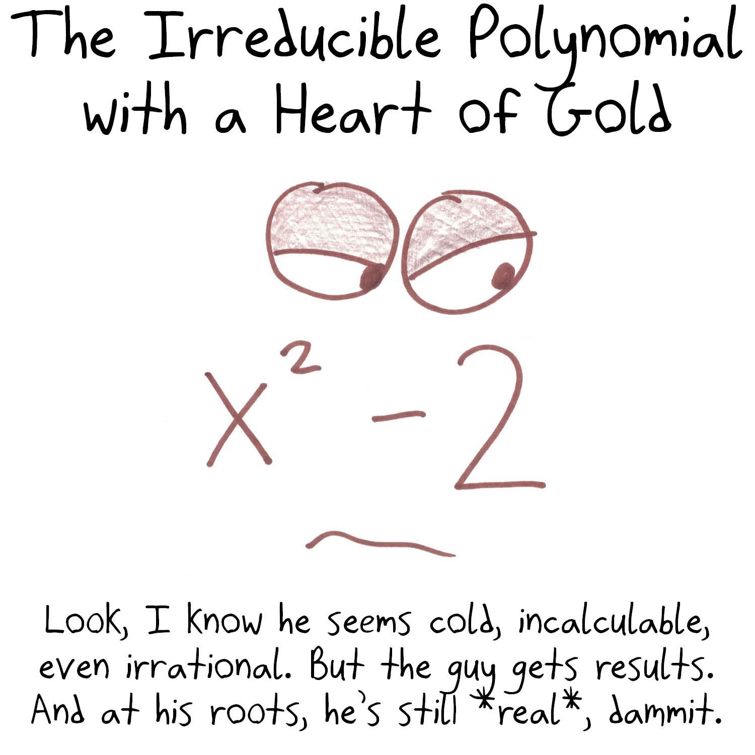 Story tropes recast as math objects: love triangle, betrayal square, envy pentagon, bipartite gang feuds, an irreducible polynomial with a heart of gold, and body swaps as transpositions and derangements. (panel 6 of 8)