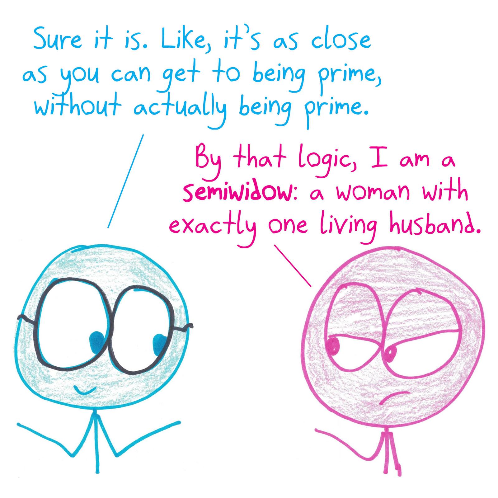 A wife objects to the name 'semiprime,' then applies the same logic to call herself a 'semiwidow' (a woman with one living husband). (panel 2 of 3)