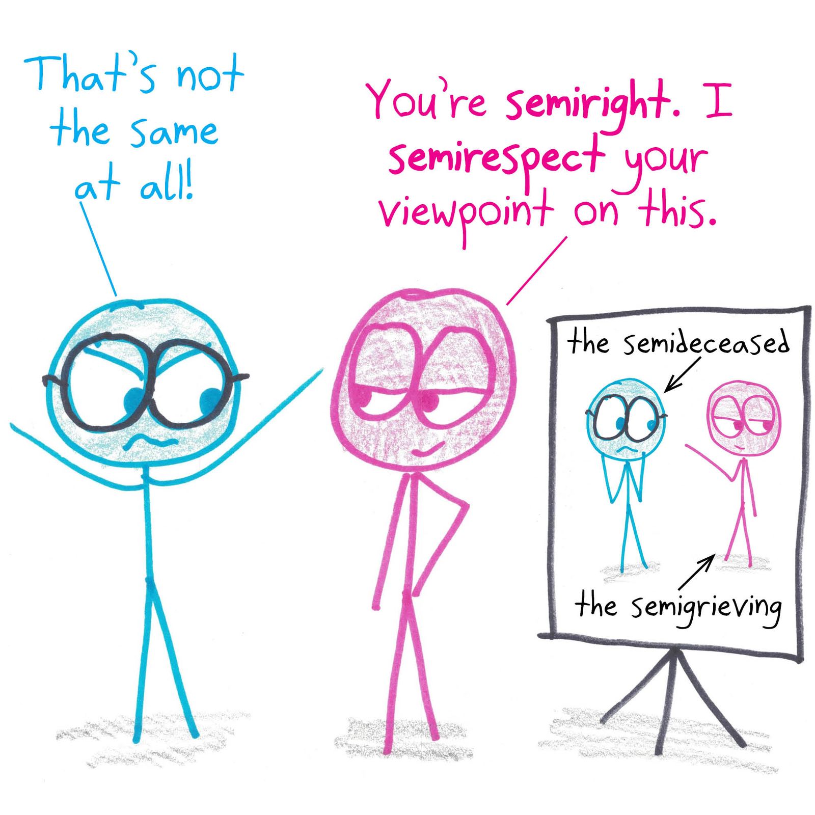 A wife objects to the name 'semiprime,' then applies the same logic to call herself a 'semiwidow' (a woman with one living husband). (panel 3 of 3)
