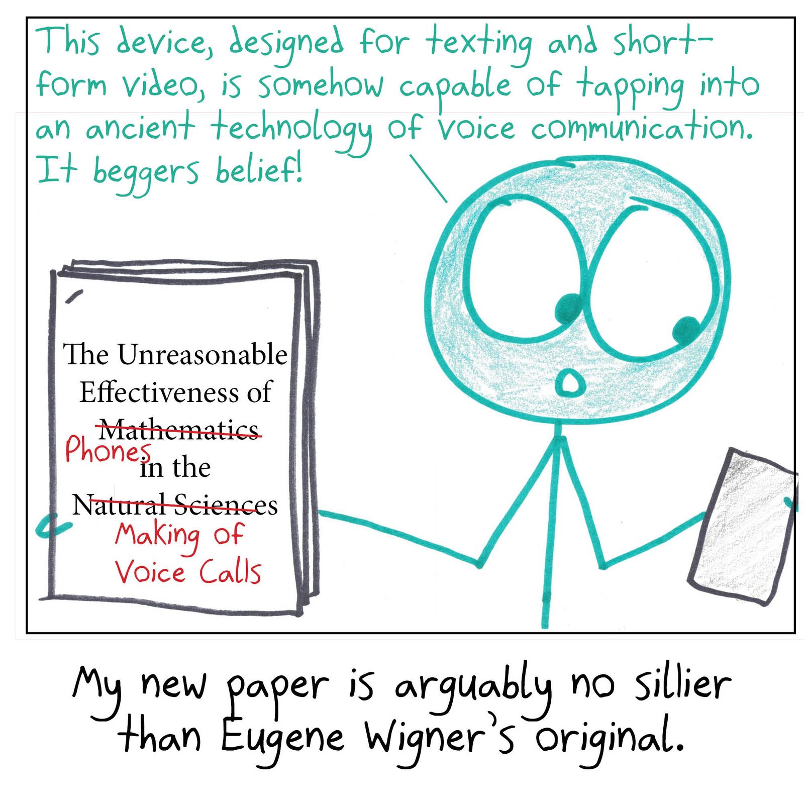 A parody of Wigner's 'Unreasonable Effectiveness of Mathematics' paper, marveling that phones can make voice calls.