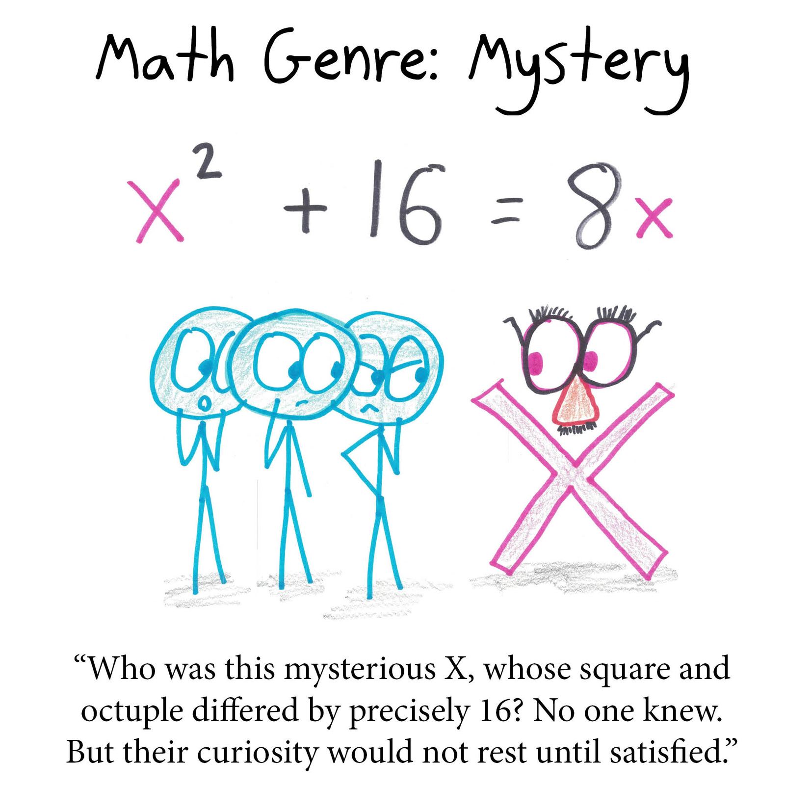 Equations recast as literary genres: i as sci-fi alien, x² + 16 = 8x as mystery, x⁵ − 1 = x as unsolvable mystery, the freshman's dream as horror, Euler's identity as romance, exponent rules as coming-of-age, and 'to be or not to be' as set notation. (panel 2 of 7)