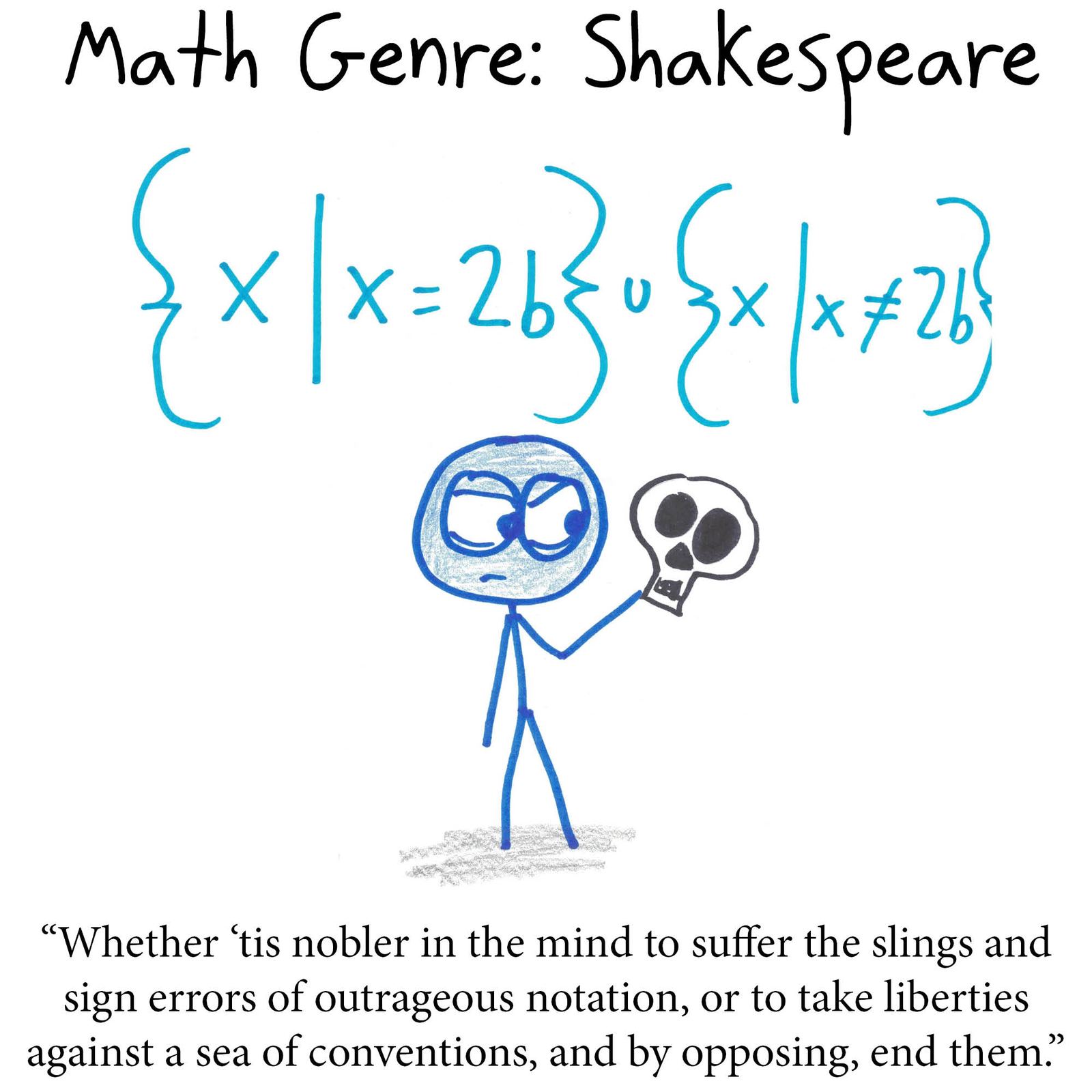 Equations recast as literary genres: i as sci-fi alien, x² + 16 = 8x as mystery, x⁵ − 1 = x as unsolvable mystery, the freshman's dream as horror, Euler's identity as romance, exponent rules as coming-of-age, and 'to be or not to be' as set notation. (panel 7 of 7)