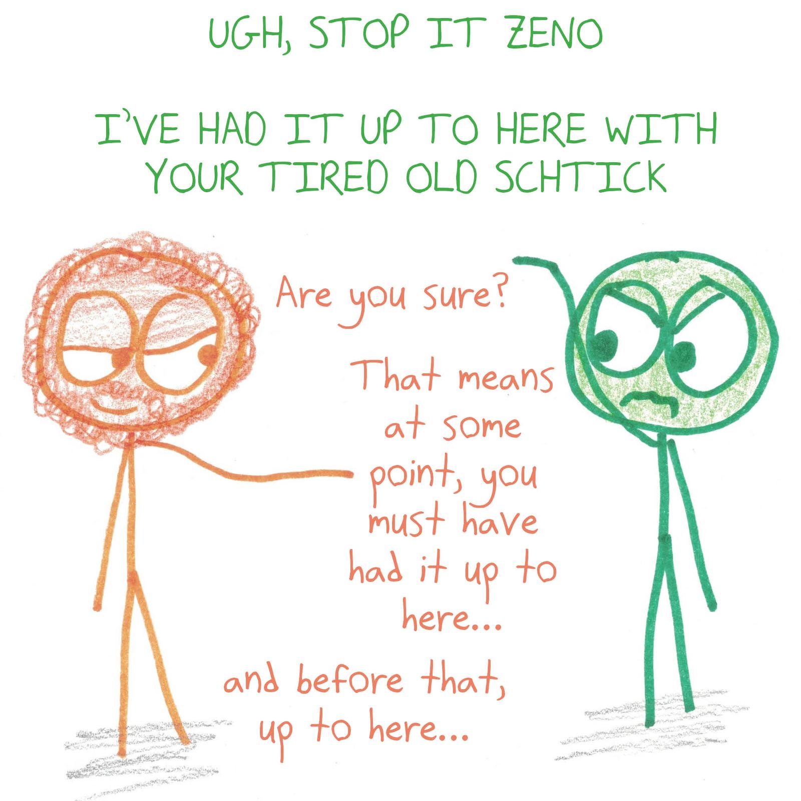 Zeno ruins a marathon invitation and an argument with his dichotomy paradox, then is baffled when his friend simply walks away. (panel 2 of 3)