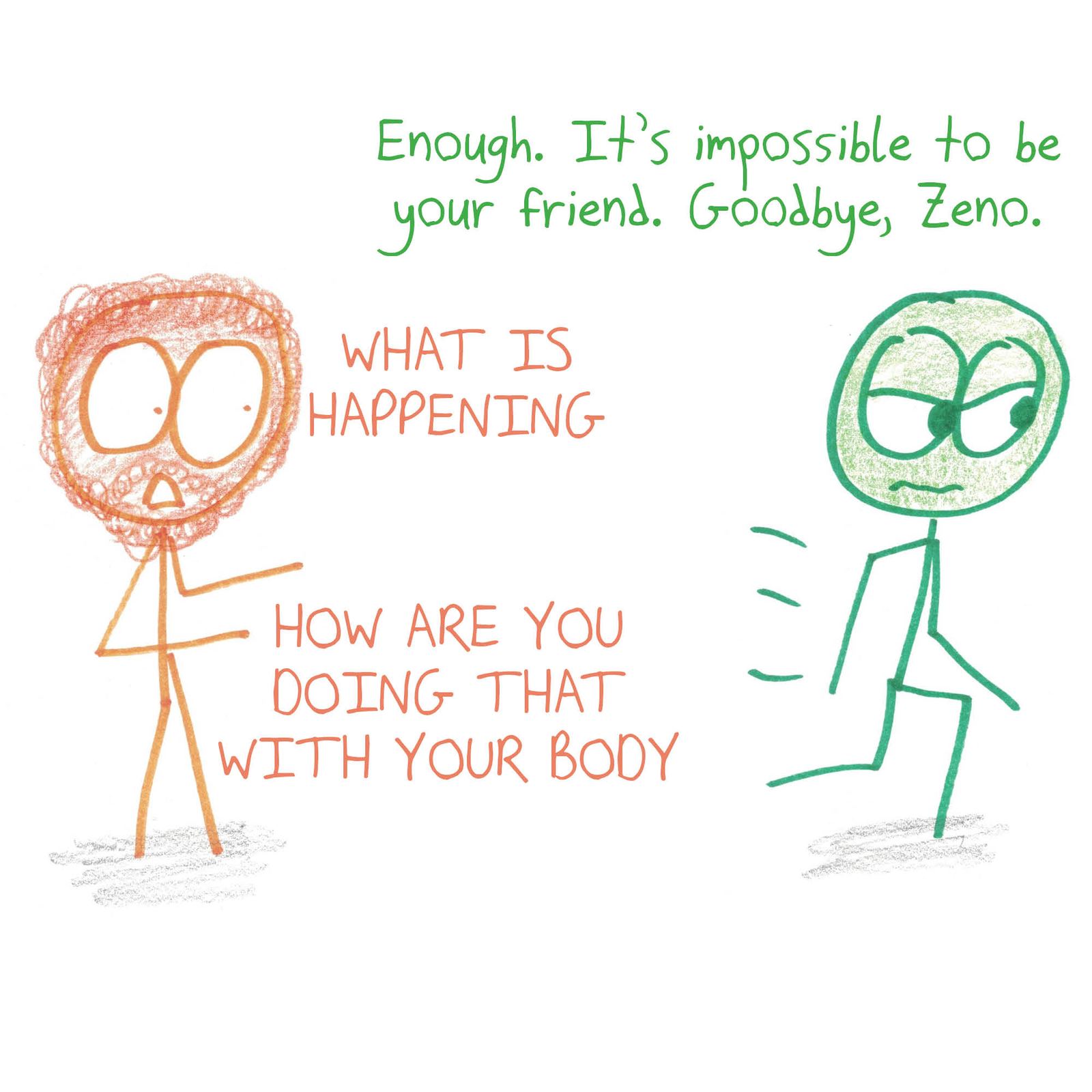 Zeno ruins a marathon invitation and an argument with his dichotomy paradox, then is baffled when his friend simply walks away. (panel 3 of 3)