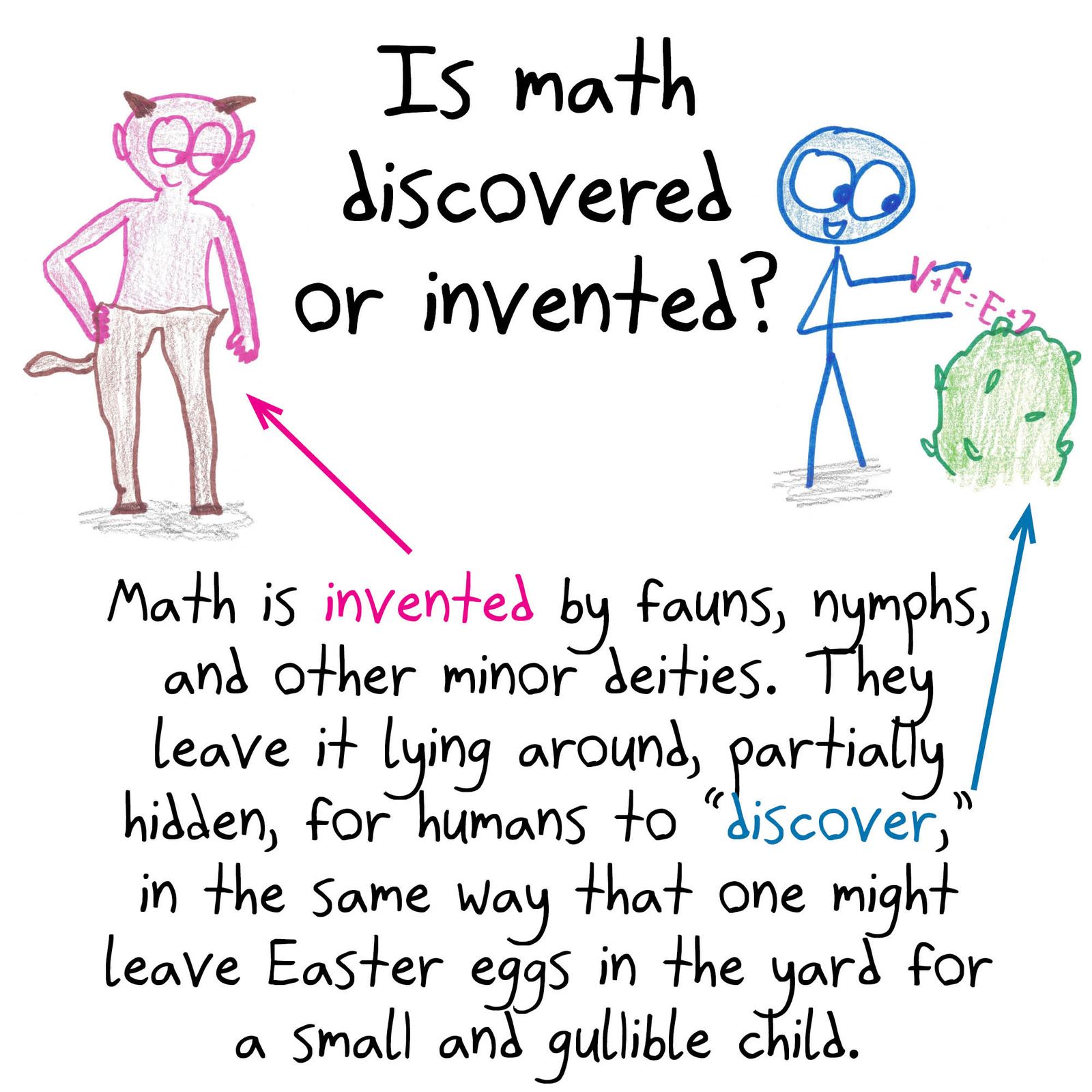 Four absurd answers to whether math is discovered or invented: Easter eggs left by fauns, forgery vs. plagiarism, excretion, and a birds-and-bees deflection. (panel 1 of 4)