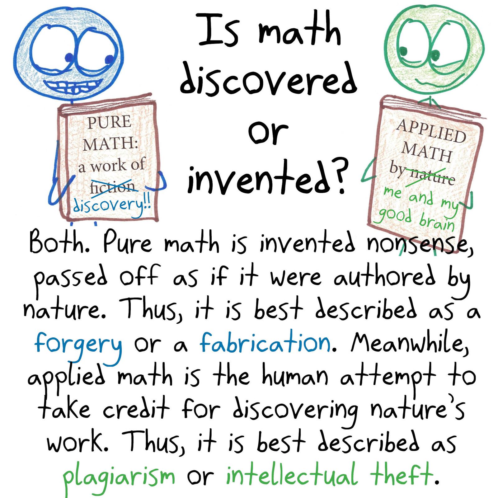 Four absurd answers to whether math is discovered or invented: Easter eggs left by fauns, forgery vs. plagiarism, excretion, and a birds-and-bees deflection. (panel 2 of 4)