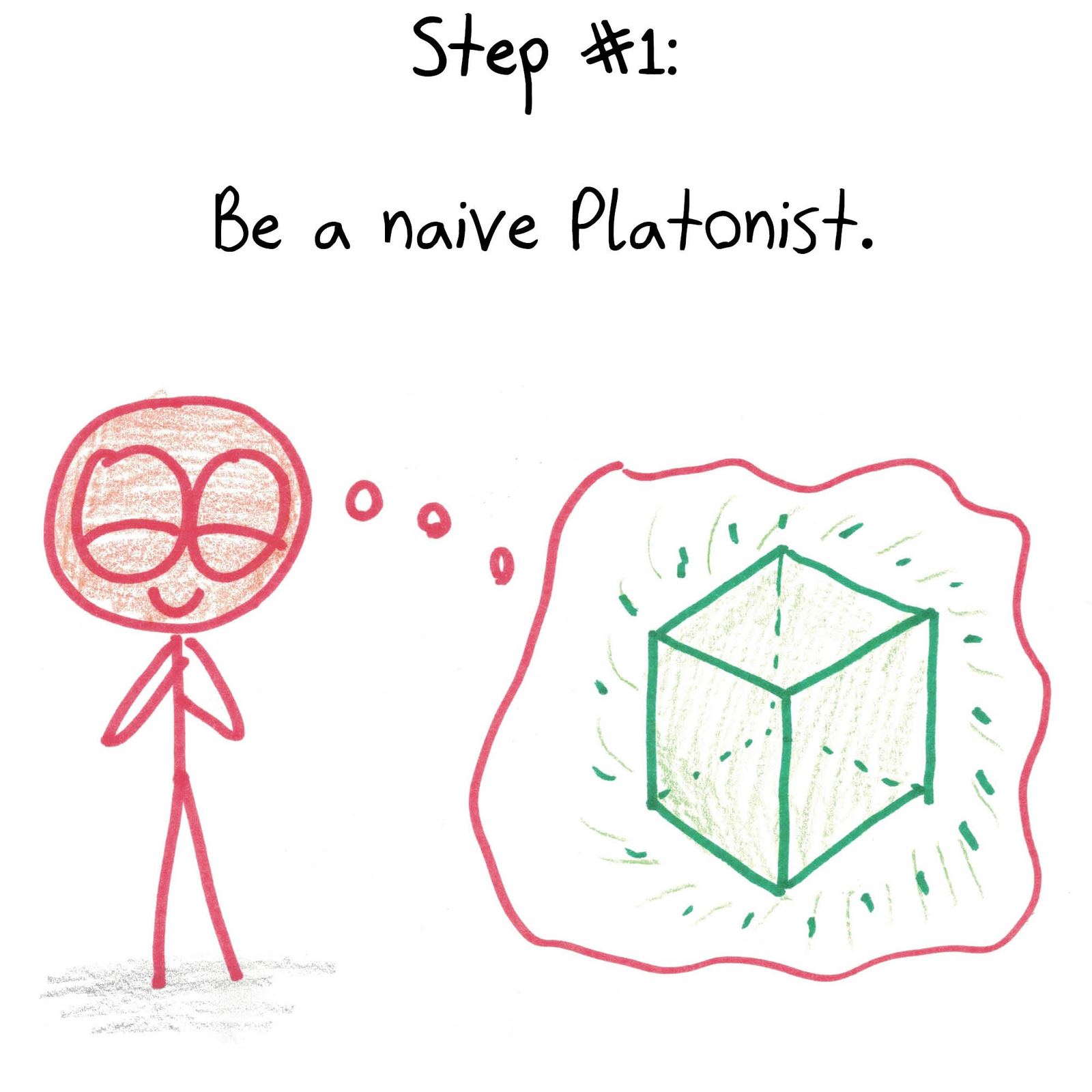 A six-step philosophical journey that starts and ends at naive Platonism, by way of a philosopher's objections and pragmatism. (panel 1 of 6)