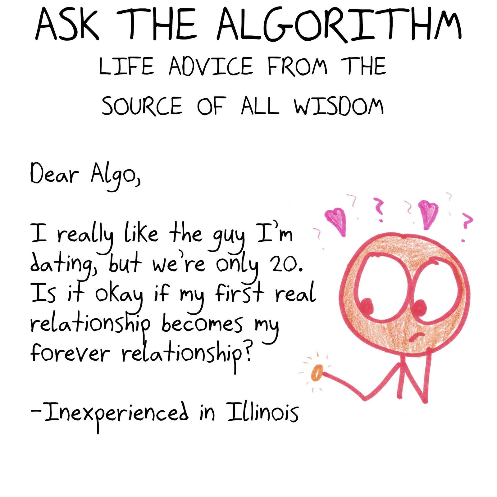 An advice-column letter answered by an algorithm: depth-first dating. (panel 1 of 2)