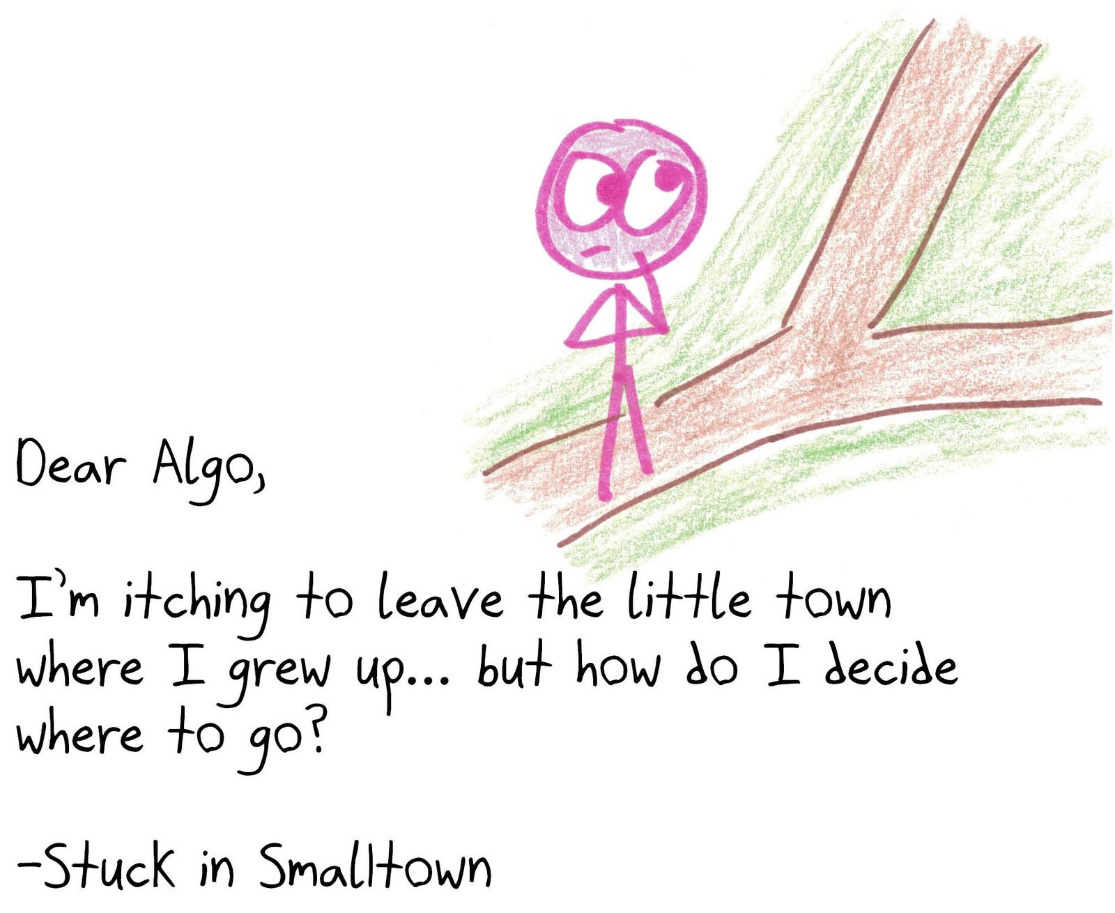 An advice column answered by an algorithm: depth-first vs. breadth-first dating, simulated annealing for choosing where to live, and cut-and-choose for child custody. (panel 8 of 9)