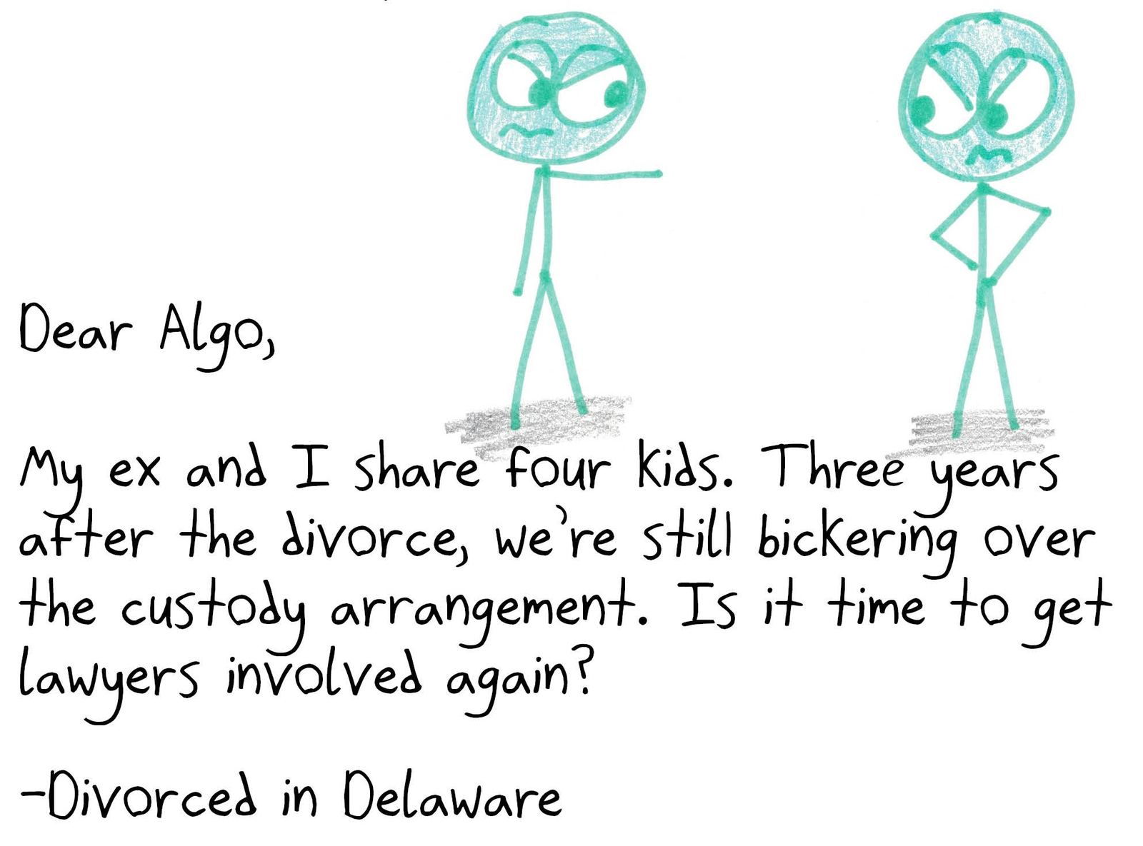 An advice column answered by an algorithm: depth-first vs. breadth-first dating, simulated annealing for choosing where to live, and cut-and-choose for child custody. (panel 9 of 9)