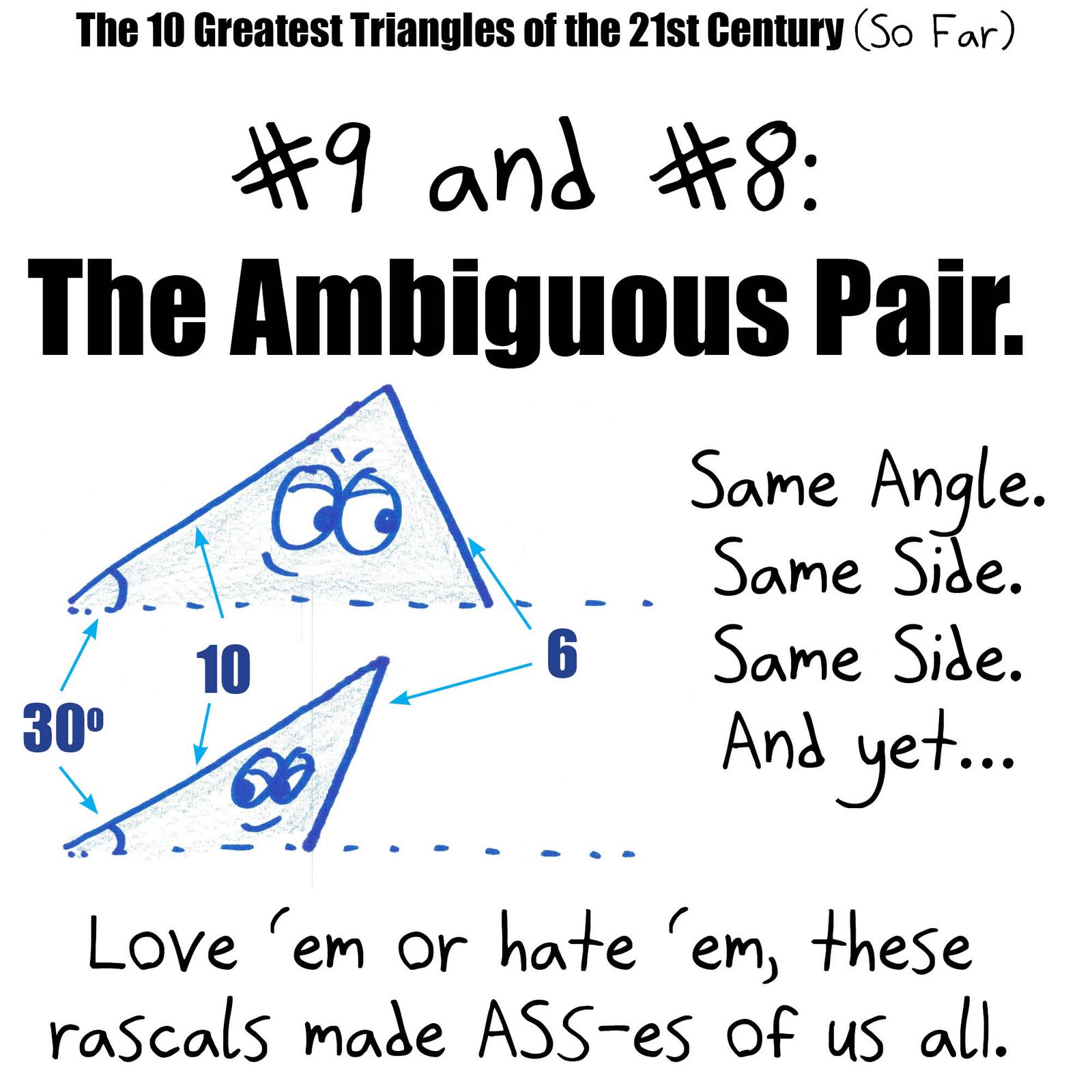 A pop-culture countdown of triangles: 20-99-101, the SSA ambiguous case, 3-4-5 with inradius 1, the obtuse 5-12-14, a spherical triangle with three right angles, the self-congruence proof of the isosceles theorem, the equilateral, 8-15-17 and the 45-45-90. (panel 3 of 10)