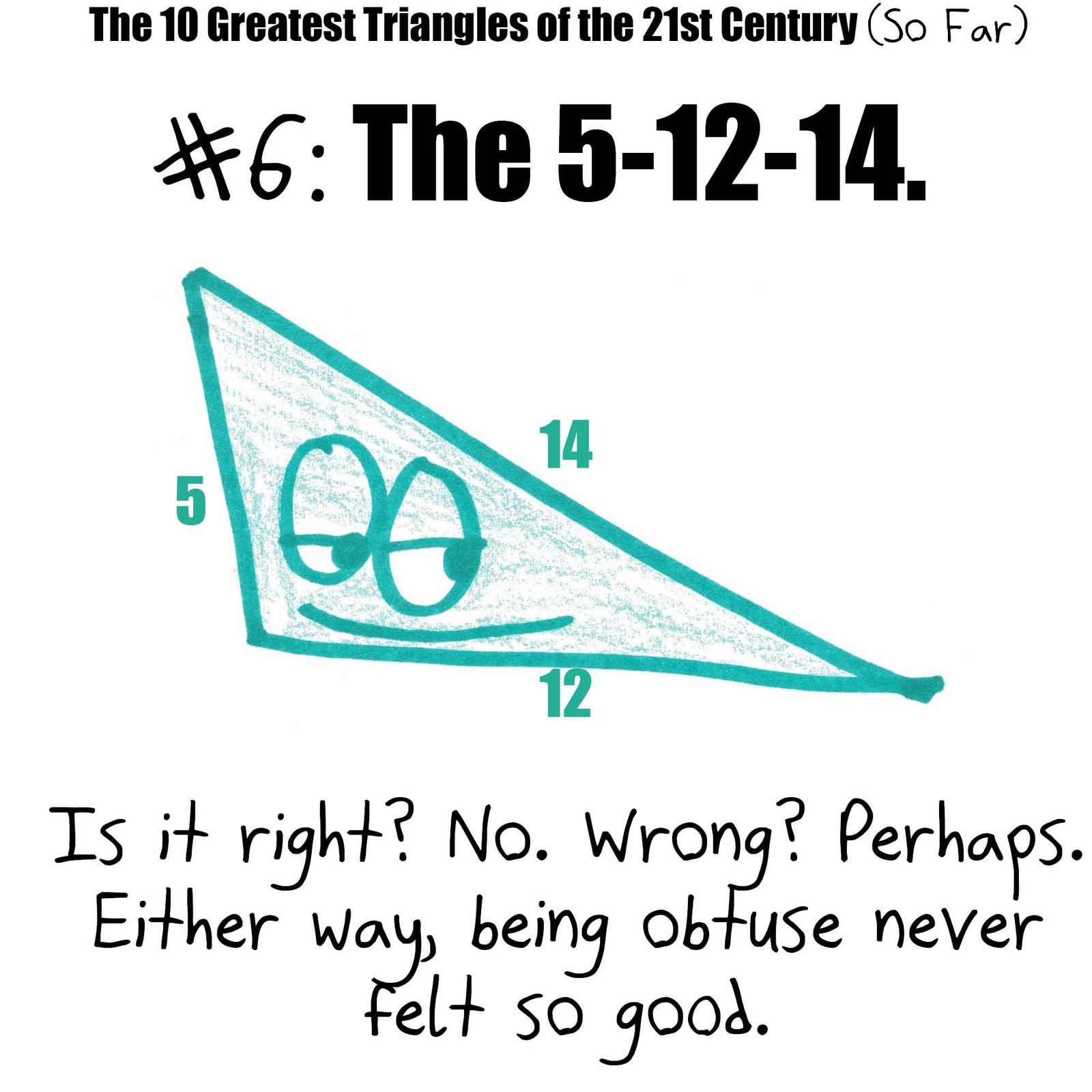 A pop-culture countdown of triangles: 20-99-101, the SSA ambiguous case, 3-4-5 with inradius 1, the obtuse 5-12-14, a spherical triangle with three right angles, the self-congruence proof of the isosceles theorem, the equilateral, 8-15-17 and the 45-45-90. (panel 5 of 10)