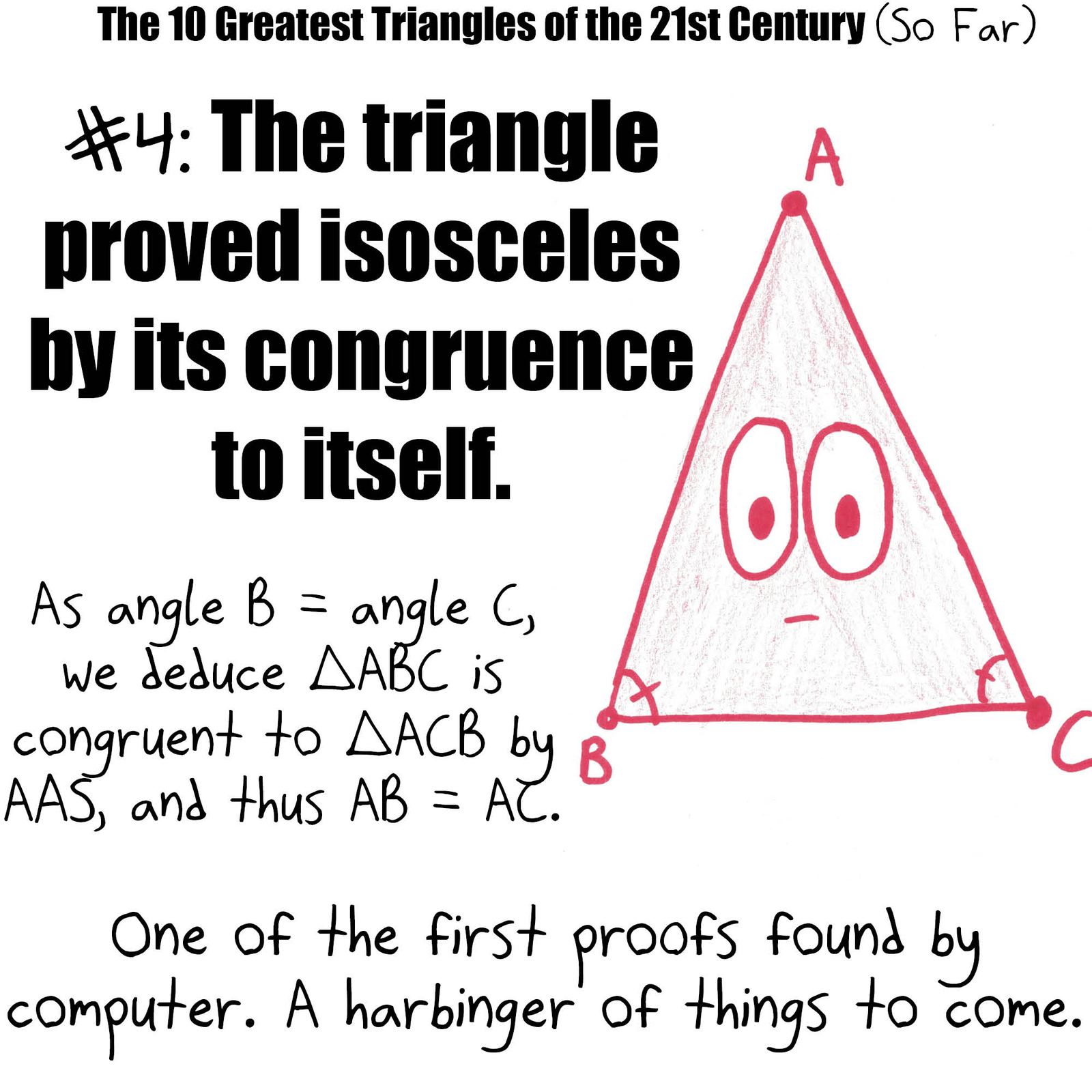 A pop-culture countdown of triangles: 20-99-101, the SSA ambiguous case, 3-4-5 with inradius 1, the obtuse 5-12-14, a spherical triangle with three right angles, the self-congruence proof of the isosceles theorem, the equilateral, 8-15-17 and the 45-45-90. (panel 7 of 10)